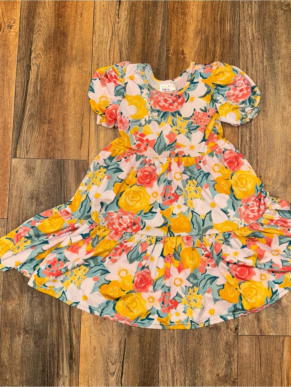 Dot Dot Smile Yellow, Pink & Teal Floral Puff-Sleeve Dress